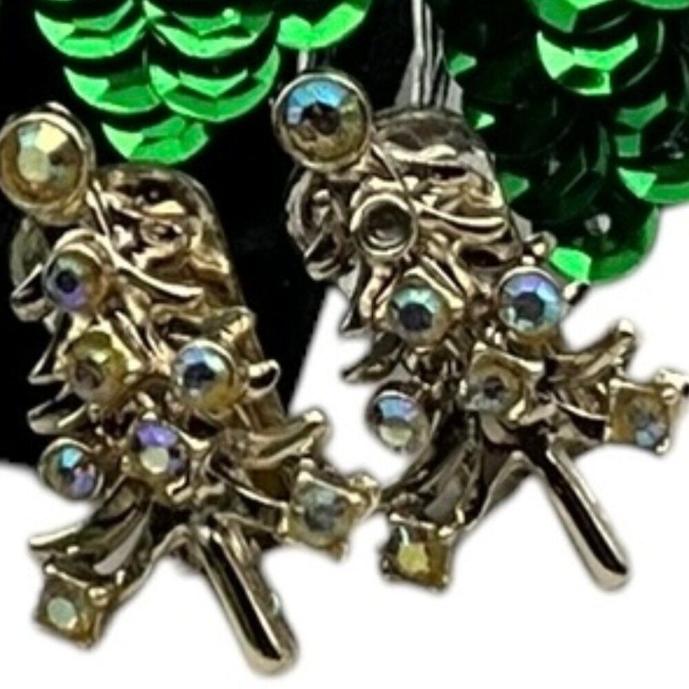AB Crystal Clip On Christmas Tree Earrings 1.25in